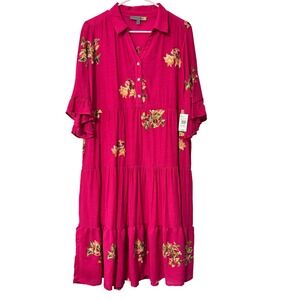 Figueroa & Flower Fuchsia Pink Floral Embroidered Tiered Midi Dress Large NEW